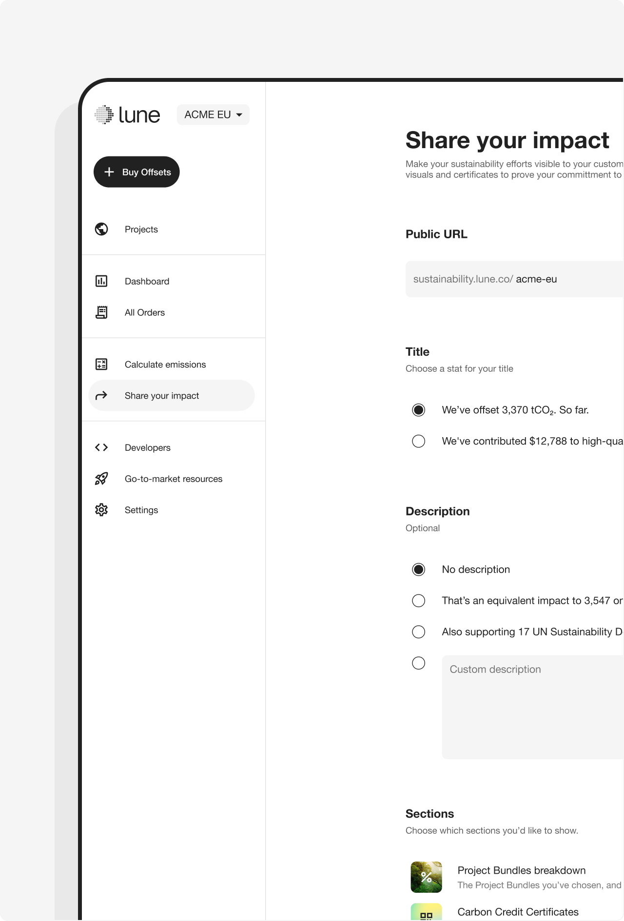 Dashboard sustainability page